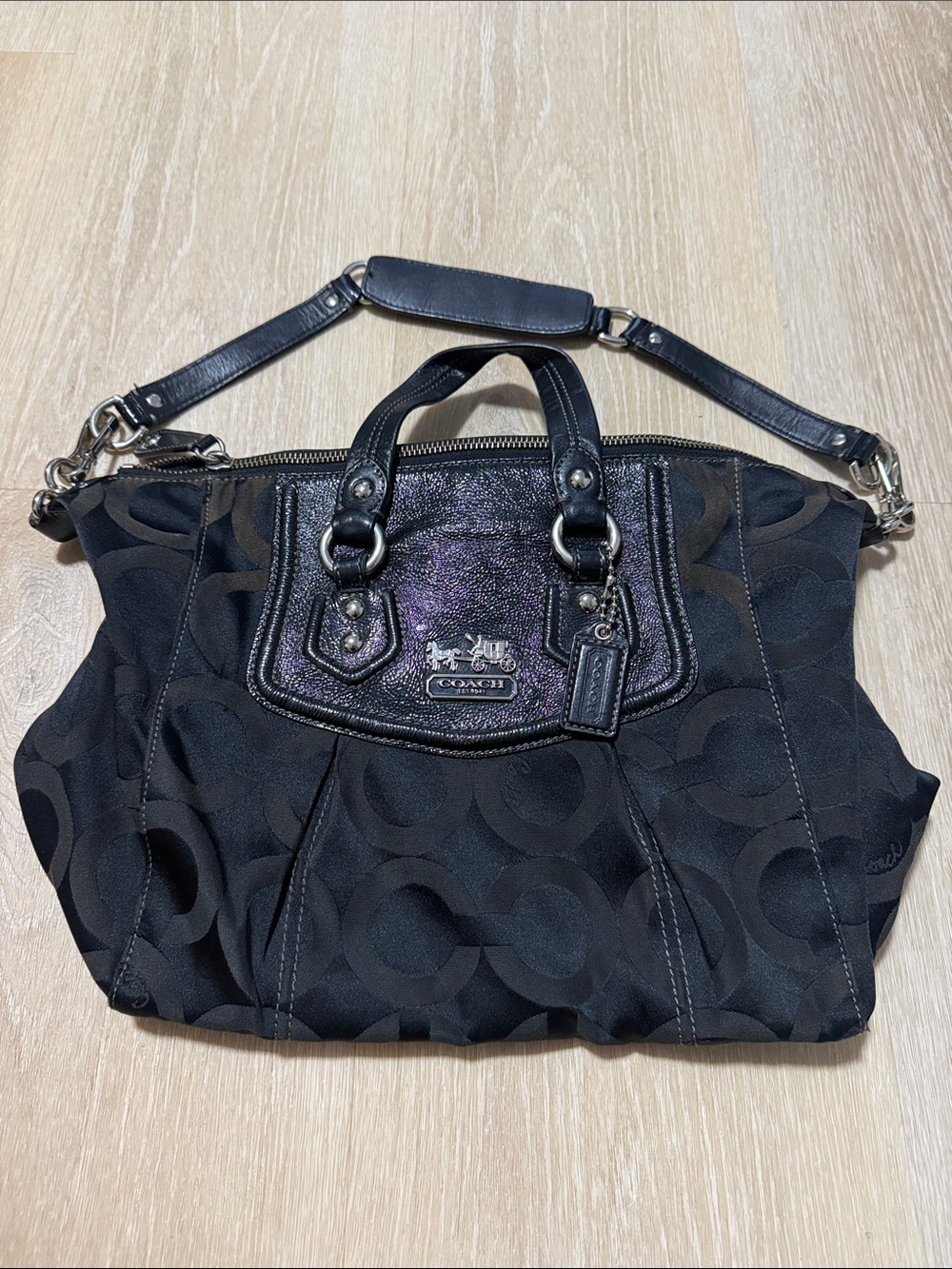 Coach Black Signature Canvas Shoulder Tote with Leather Trim